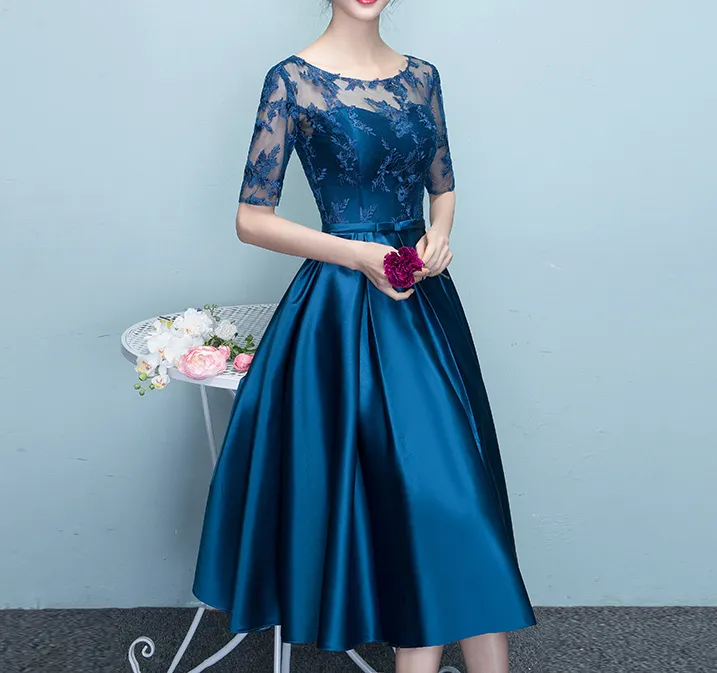 Elegante Kleider für die Brautmutter aus Satin mit Tüll, Spitze, Reißverschluss hinten, Teelänge, Kleid für die Brautmutter, günstig in Übergröße