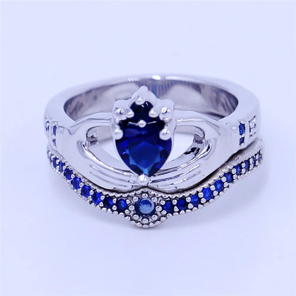 Anello claddagh amanti Gioielli Birthstone Anelli fedi nuziali set donna cuore Anello feste femminile in oro bianco blu 5A Cz