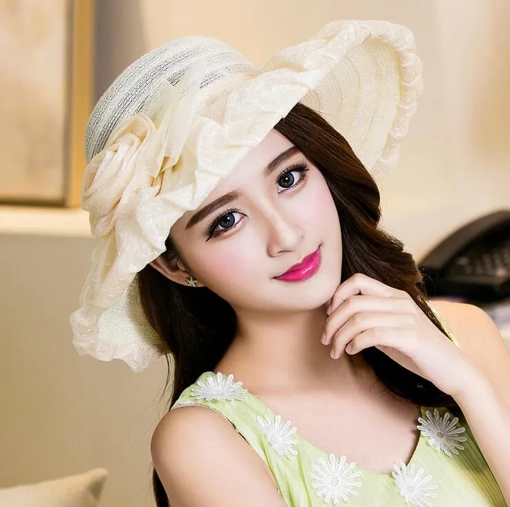 Summer lady wide brim hats women with lace rose beach hats girl sun protection hat nice wedding supplies free ship