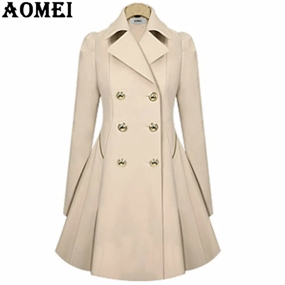 Women Spring Elegant Long Wind Coat With Double Button Navy Blue