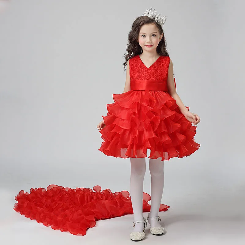 Gratis frakt Tailed Pure Girl's Pageant Dresses Color Girl Stage Dress and Flain Tail Host Lace Bow Princess Dresses HY085