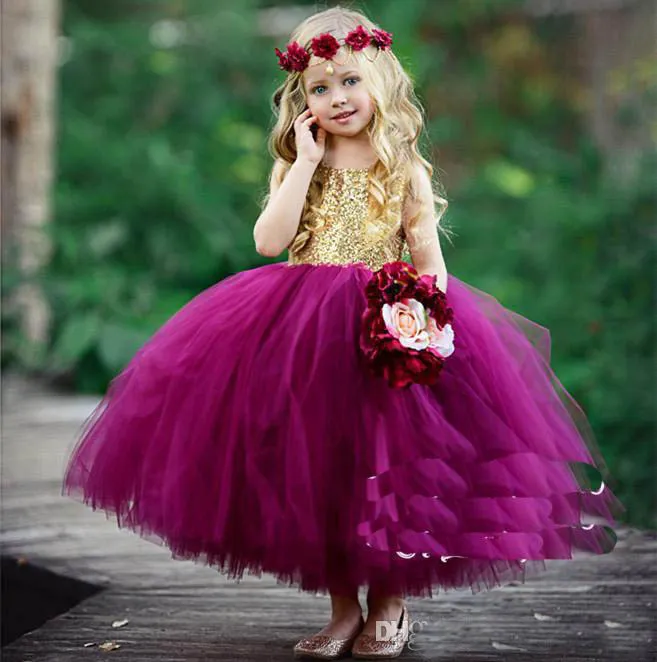2019 Beauty Gold and Purple Ball vestido de bola de bola vestidos de concurso de lantejoulas brilhantes tule tulle puffy little infantil festas de baile de formatura vestidos 643054479253