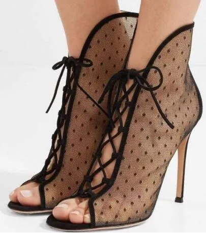 2018 Мода дамы ботильоны мода peep toe сапоги сетки воздуха пинетки тонкий каблук партия обувь женщины Гладиатор сандалии сапоги