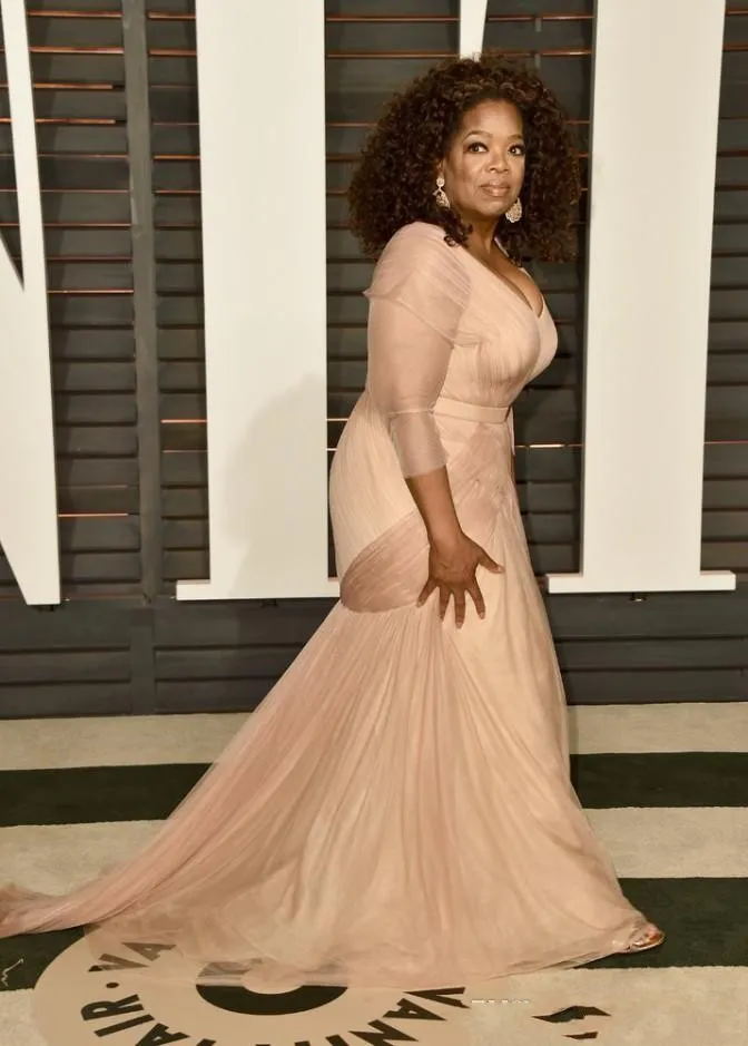 2018 Oprah Winfrey Oscarの有名人の母親のドレスプラスサイズVネックシースチュールの長袖スイープトレインドレープ結婚式ゲストガウン