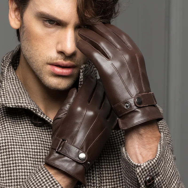 Gants sans doigts mâle printemps hiver en cuir véritable court épais noir marron écran tactile gant homme gymnase Luvas voiture conduite mitaines 1283L