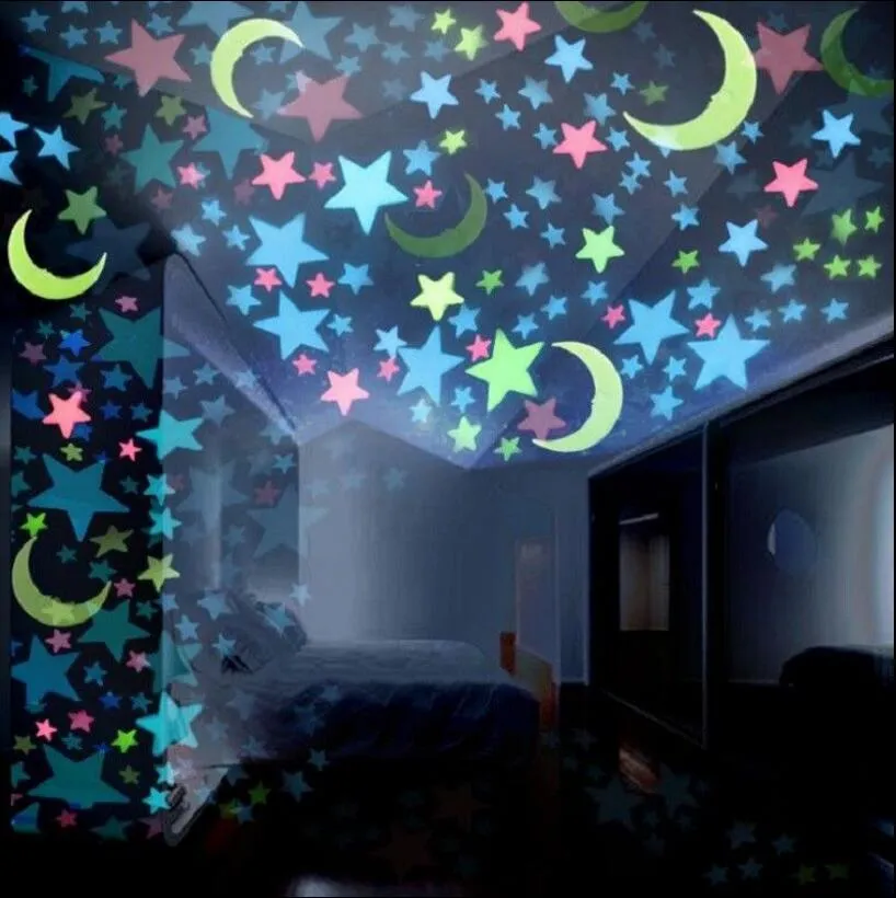 Lueur dans le noir Stickers muraux 3D étoiles lune autocollants lumineux bricolage chambre mur enfants chambre décor 100 pièces/ensemble OOA5287