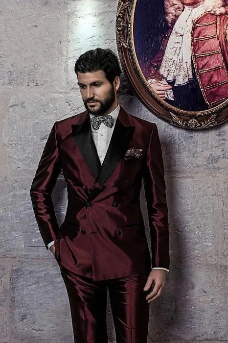 新しいファッション光沢のあるブルゴーニュグロールタキシードグルーゲンメンズ優秀な男性ビジネス活動スーツパーティープロムスーツ（ジャケット+パンツ+弓ネクタイ）いいえ：106