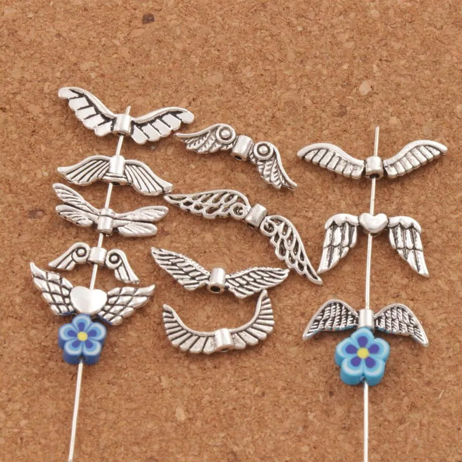 Assorted ängel vingar legering lösa pärlor blandade antika silver distans smycken diy lm46 120pcs / parti