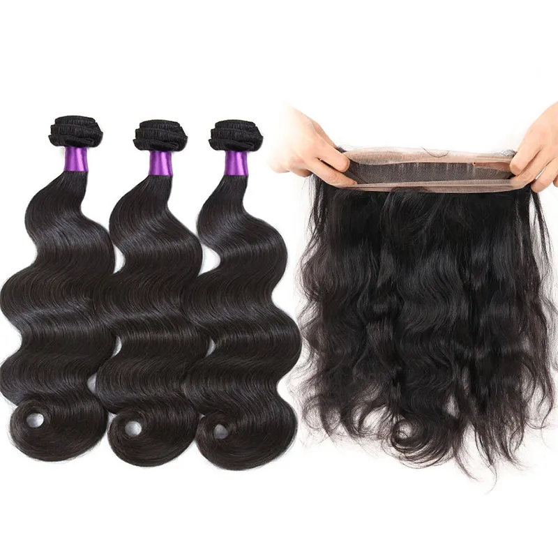 Brasileiro Pré Arrancado 360 Lace Frontal com Bundle Atacado Onda Do Corpo Extensões de Cabelo Humano Weave Brasileiro com Fechamento Frontal