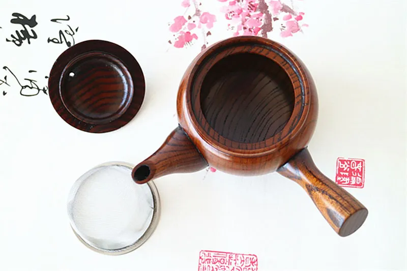 Trä tekanna japansk stil te potten vintage kung fu set långa handtag tekannor med silteverktyg qw7178