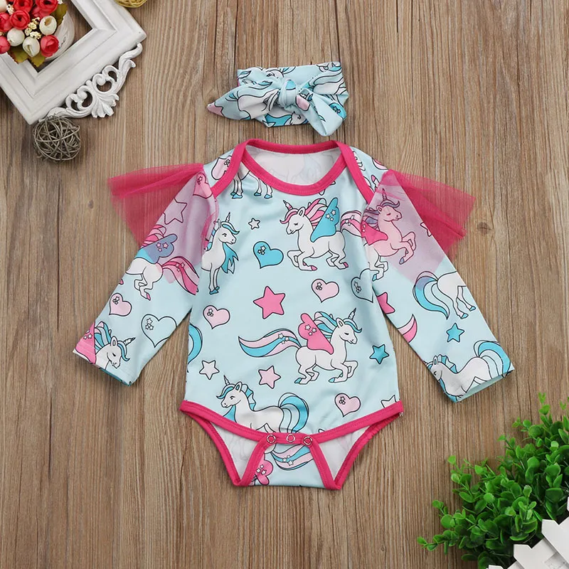 Baby Cartoon Horse Print Romper Girls Shoulder Mesh Jumpsuits Fashion Boutique Kids Climbing Kläder med huvudband C4689