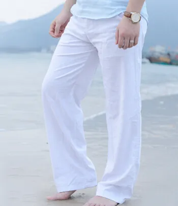 Men Linen Pants Summer Solid Beach Casual Long Trousers Big Size Loose Leisure Pants