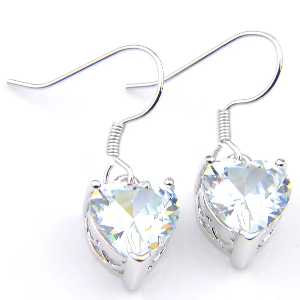 Luckyshine Nuevo 10 Pares Blanco Corazón Topacio Piedra Preciosa Plata Mujeres Cuelga Pendientes Moda Zircon Pendientes de Boda Joyería Envíos Gratis