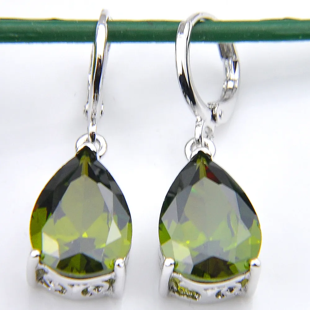 Luckyshine Holiday Gift Drop Fire Olive Peridot Crystal Cubic Zirconia 925 Silver Pendants Necklaces Earrings Wedding Jewelry Sets