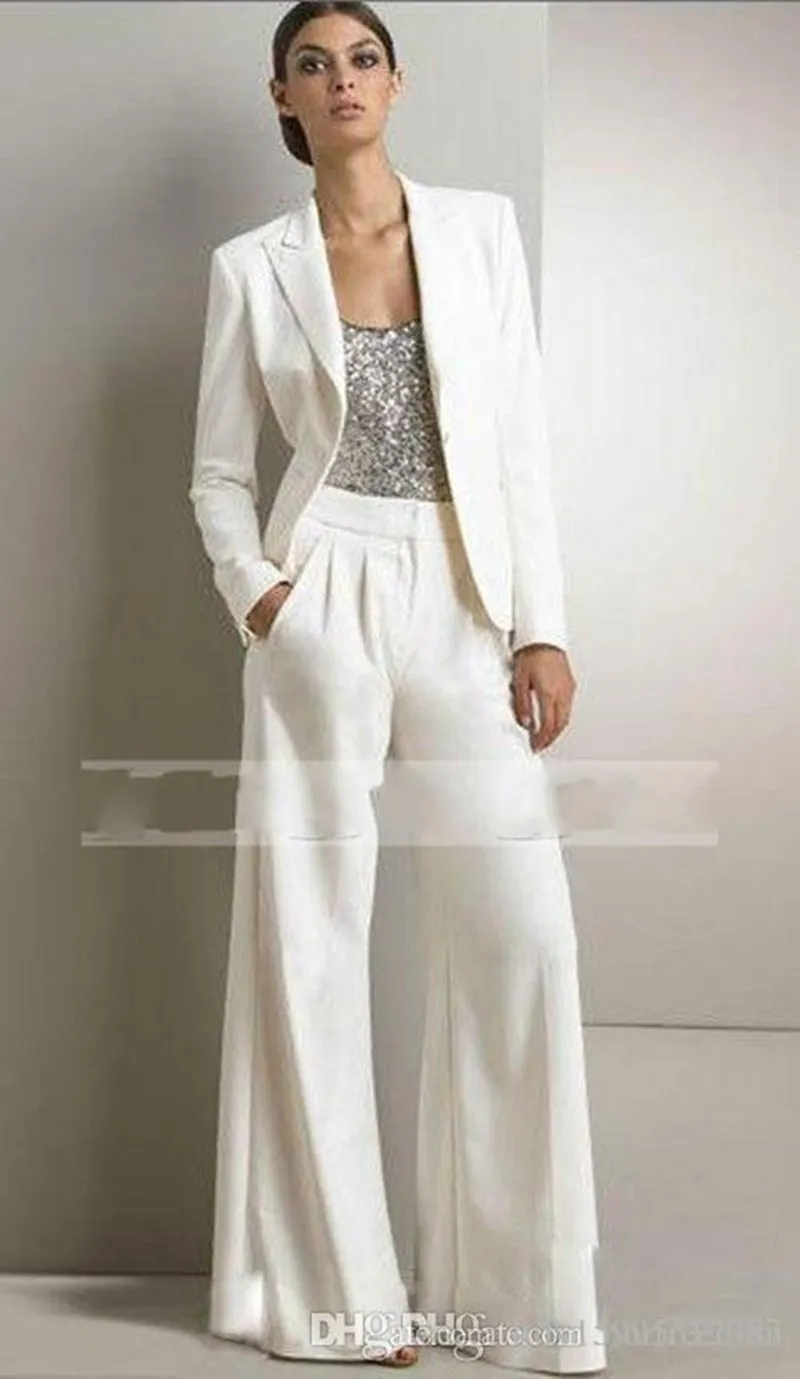 2021 Nieuwe Bling Pailletten Ivory White Pants Suits Moeder van de Bruid Jurken Formele Chiffon Tuxedos Dames Party Draag nieuwe Mode ModeSte 2018