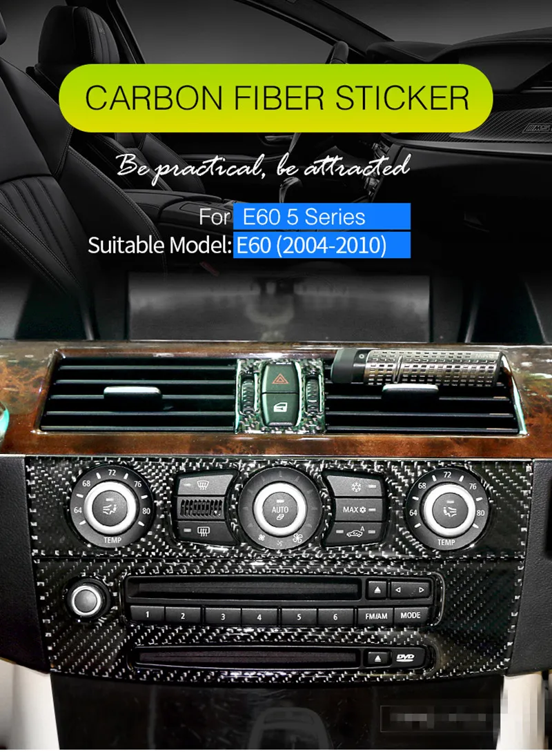 Carbon Fiber Interior Trim Luftkonditionering CD Kontrollpanel Bil Styling Klistermärken för BMW E60 5 Series 2004-2010 Tillbehör