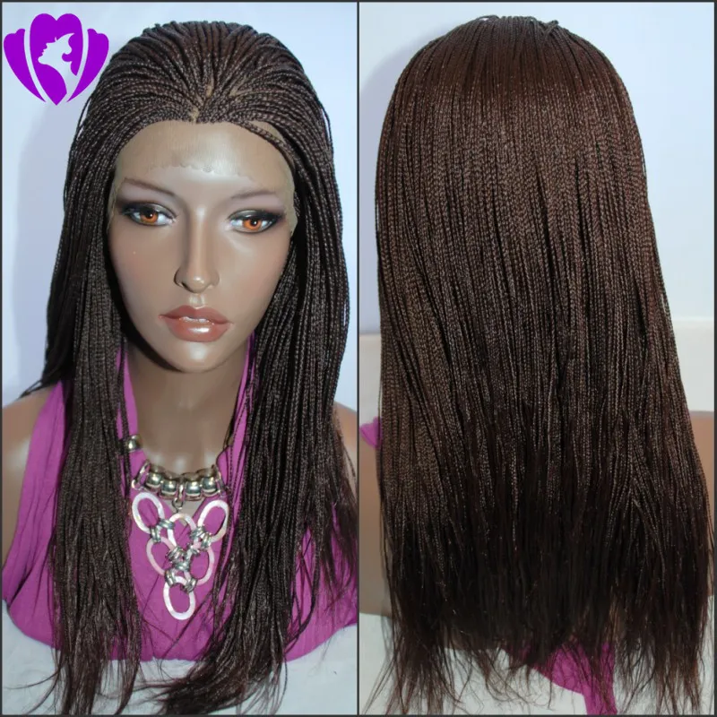 Mörkbrun syntetisk flätad spetsfront peruk för kvinnor full flätande värmebeständig fiber flätor peruk med baby hår