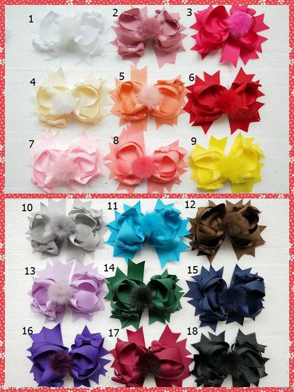 20 stks Boutique Girl 4.5 "Stof en nertsen Haarbogen Clips Pompon Headwear Pompoms Haaraccessoires Haarspelden GR107