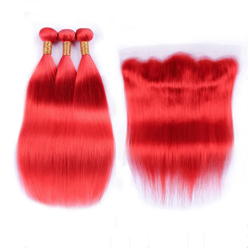 Silkeslen raka rent rött öra till öra 13x4 spets frontlås med 3 buntar färgade röda jungfrubrasilianska mänskliga hårväv med frontal
