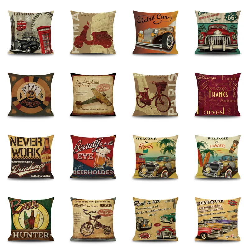 Vintage Cartoon Car Aircraft Electromobile Bicycle Flax PillowCase British Style Pillow Covers Home Car Bed Office Chair Pillowcase