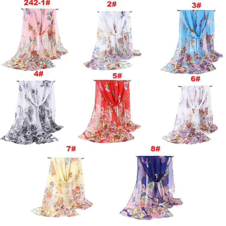 Ny Ankomst Mode Kvinnors Scarf Cashew Nut Blomma Print Chiffon Silk Scarves Tunna Långa Sjalar Höst och Vinter Hijab Wraps Beach Cover