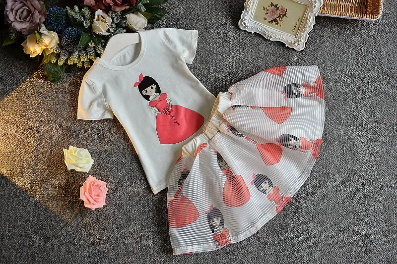 2018 neue Gilrs bedruckte Baby-Outfits für Kinder, Sommerkleidungsset für Kinder, Baumwolle, T-Shirt, Oberteil + Röcke, 2-teiliger Anzug