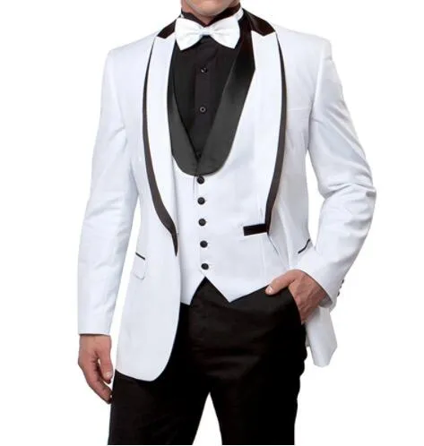새 도착 원 버튼 하얀 신랑 턱시도 피크 옷깃 신랑 들러리 남자들 남자들의 결혼식 정장 (자켓 + 바지 + 조끼 + 넥타이) D : 145