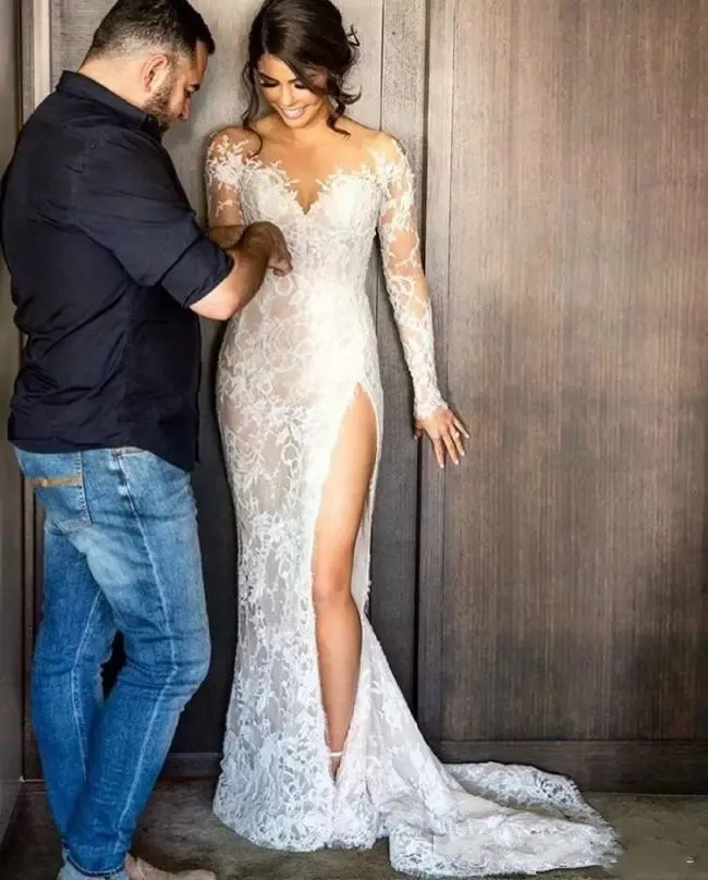 2022 Novo vestido de noiva de renda dividida Steven Khalil com saia destacável de mangas de pescoço comprido bainha de alta fenda alta vestido de noiva