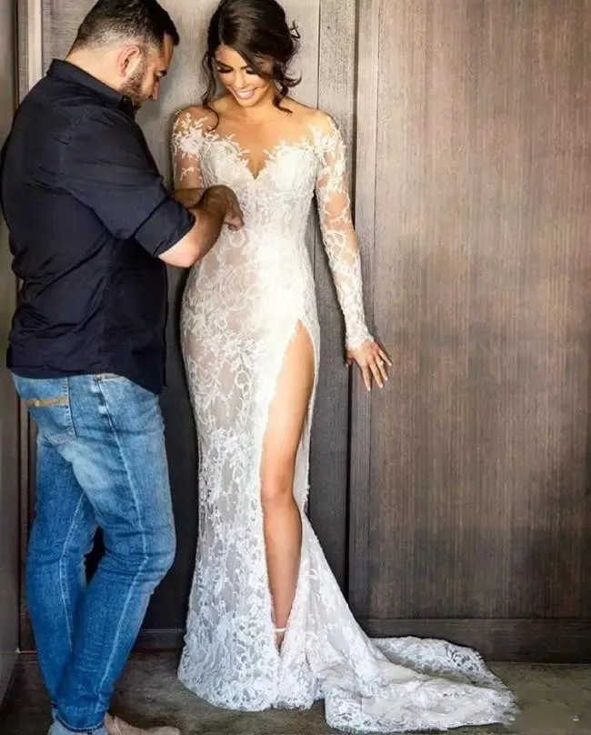 2022 New Split Lace Steven Khalil Wedding Dresses With Detachable Skirt Sheer Neck Long Sleeves Sheath High Slit Overskirts Bridal Gown