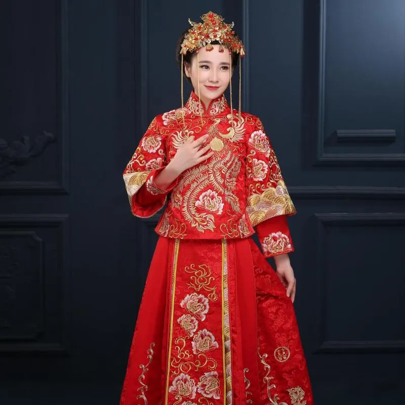 Hoge kwaliteit China Vintage cheongsam rode chinese stijl avondjurk show kleding bruid trouwjurk draak jurk kostuum kimono Outfit