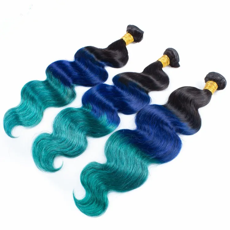 1BBlueGreen Ombre Fasci di capelli umani brasiliani vergini con chiusura frontale in pizzo pieno 13x4 Tessuti di capelli umani colorati a tre tonalità1364584