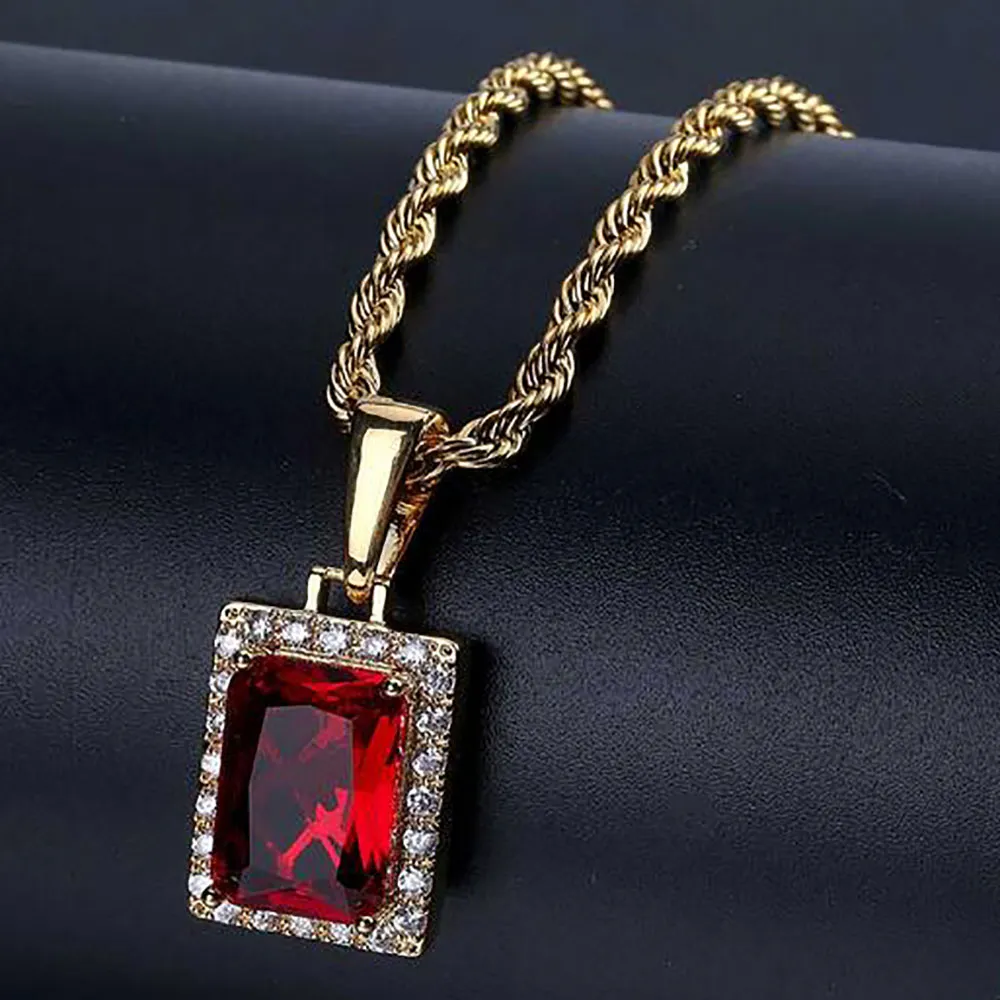 Mens Large Lab Ruby Rectangle GEM Bling Bling Pendant Genine Red Simulated Ruby Jewelry Collana placcata oro giallo 18 carati con confezione regalo