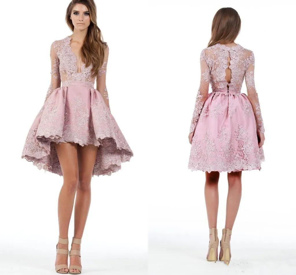 2019 neue rosa maßgeschneiderte A-Linie mit langen Ärmeln High-Low-Cocktailparty-Kleider mit Spitzenapplikation und tiefem Abschlussball-Minikleid