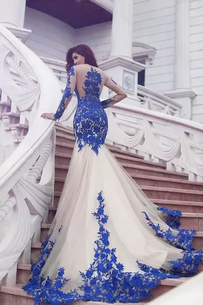 Long Sleeve Royal Blue Lace Mermaid Tulle Evening Prom Dress with Zipper  Back from Dhgate Evening Dresses - price 191.54