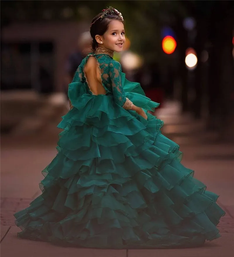 Prinsessan Gröna Baklösa Billiga Billiga Tjejer Pageant Klänningar 2020 Bollklänning Långärmade Guld Lace Organza Girl Födelsedag Prom Party Gowns för småbarn