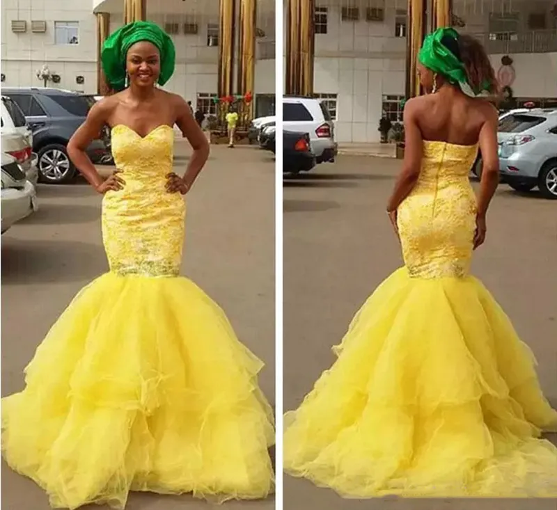 2018 Africa New Lace Yellow Prom Dresses Sweetheart Beads South Africa Mermaid Evening Gowns Miss Pageant Dress 2017 Vestidos De Party Gown