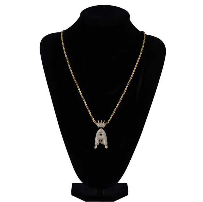 Luxo gelado para fora bling A-Z coroa inglês carta pingente colar goldsilver hip hop 3mm 60cm corda corrente moda masculina feminino jóias 301s