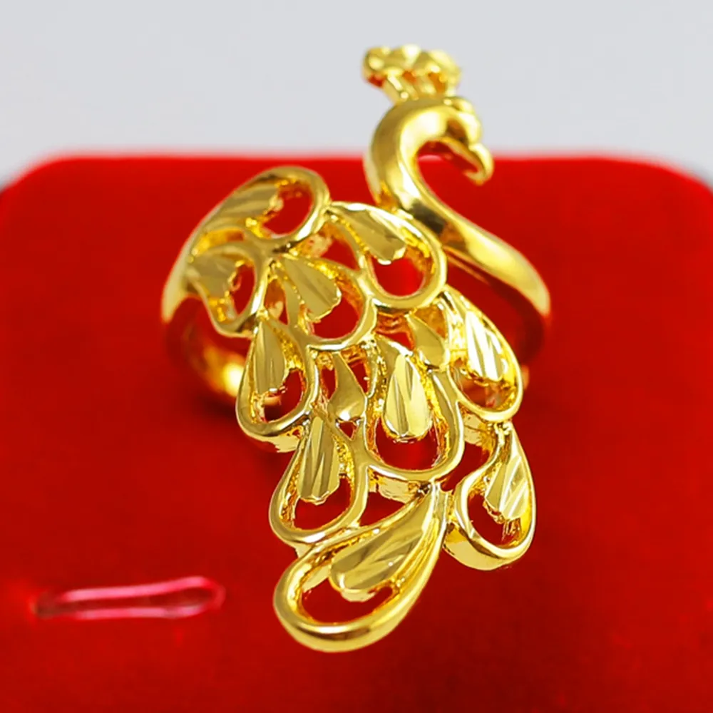 Peacock Ring Beautiful Gift Fashion Lady Accessories 18k Yellow Gold Filled Womens Ring Jewelry Size Adjust