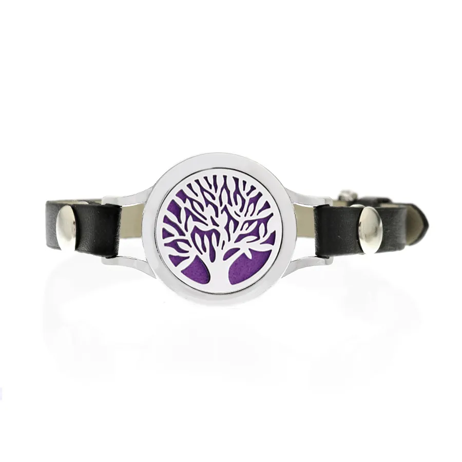 Trendiges 25-mm-Armband mit Baum des Lebens, Aroma-Diffusor für ätherische Öle, Damen-Charm-Armband, zu öffnen, mit schwarzem PU-Lederarmband