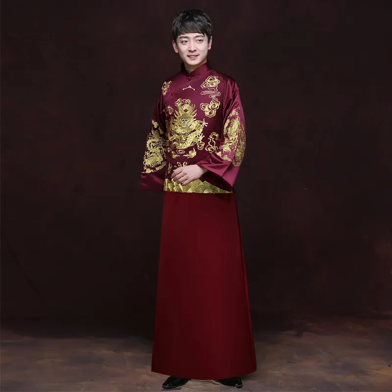 Costume de mariage de style chinois pour hommes, spectacle traditionnel, vêtements de mariage chinois, veste rouge de marié, costume tang, Robe de Dragon