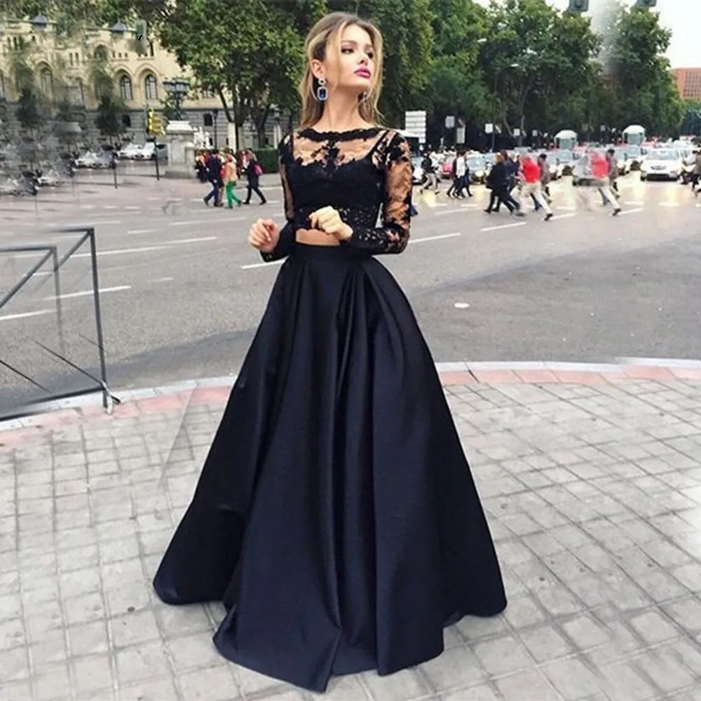 Black Two Pieces Graduation Evening Dresses Lace Long Sleeve Crop Top Prom Gowns Celebrity Dresses Long Floor Length311Z