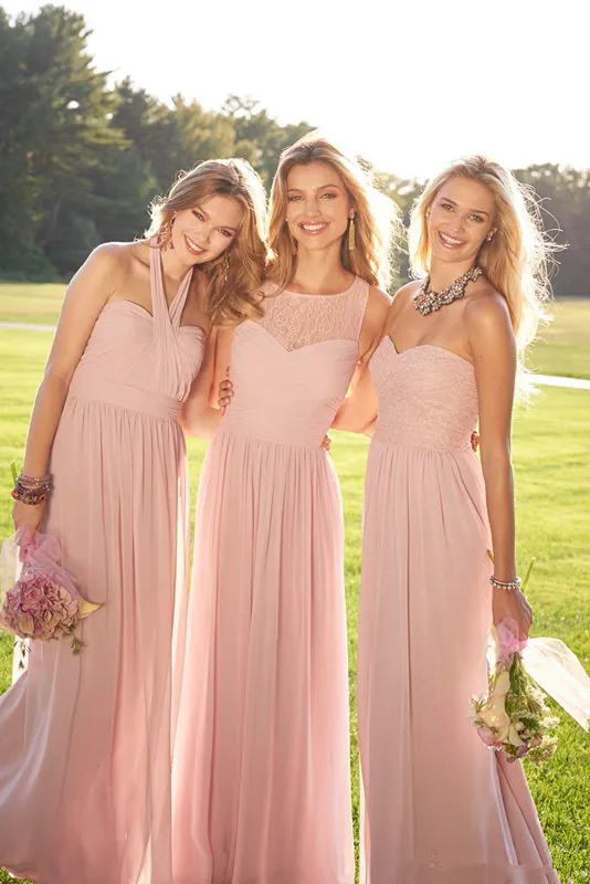 Vestidos de dama de honra de chiffon de renda longa rosa plissados estilo misto dama de honra formal babados de honra de empregada doméstica217R