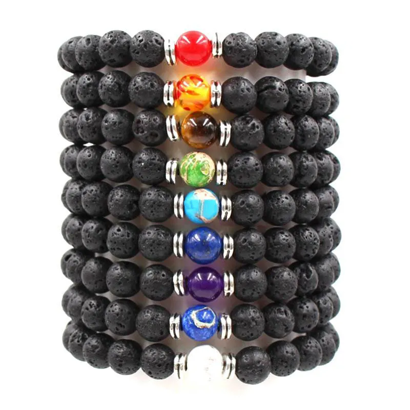 Lotes Sete Chakras Ágata 8 MM Pedra de Lava Preta DIY Difusor de Óleo Essencial de Aromaterapia Pulseira Para Mulheres Homens Yoga Jóias