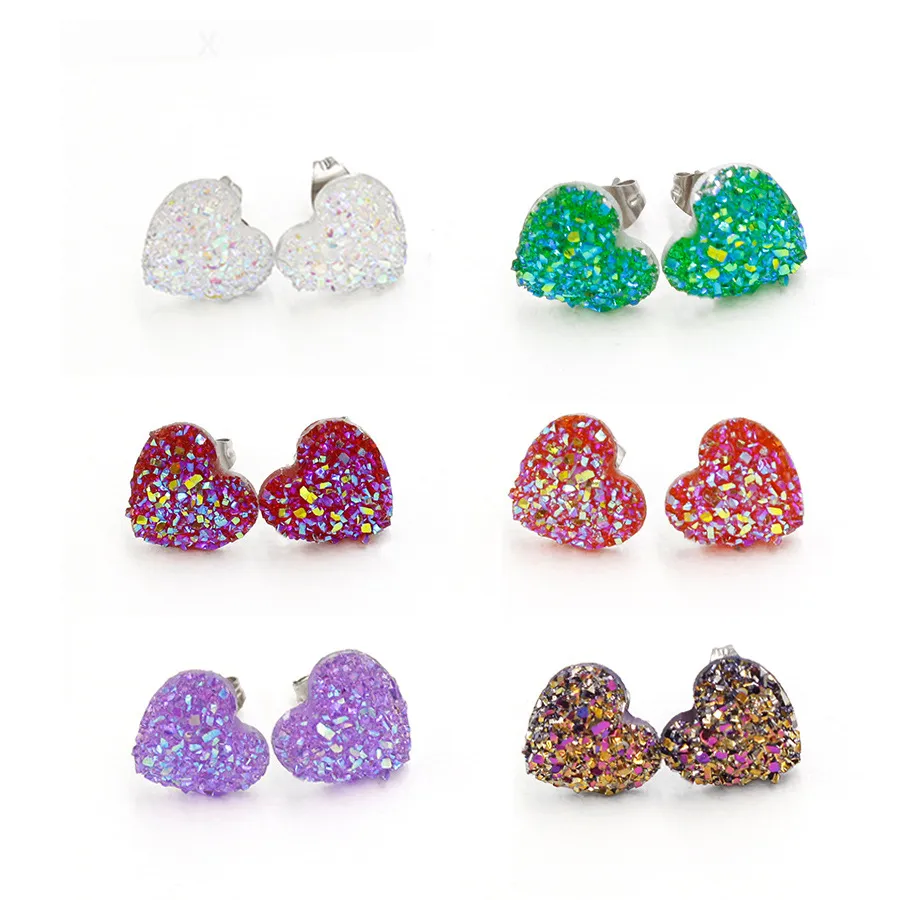Moda coração 12mm resina Druzy Drusy brincos de aço inoxidável brincos artesanais para as mulheres jóias