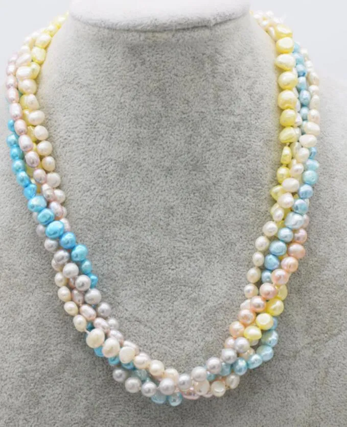 4 rangées de perles d'eau douce baroque bleu blanc violet 7-9mm collier en gros 19 pouces FPPJ nature perles cadeau