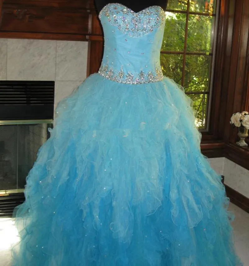 2017 Sexy Crystal Blue Ball Toga Quinceanera Jurk Met Kralen Sequin
