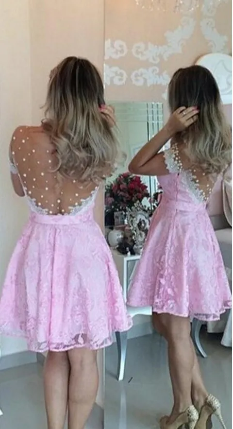 Şeffaf Yaka Kısa Gelinlik Modelleri 2018 İnciler Yay Dantel Dantelli Kısa Kollu Hollow Geri Parti Elbise Homecoming Elbise Custom Made