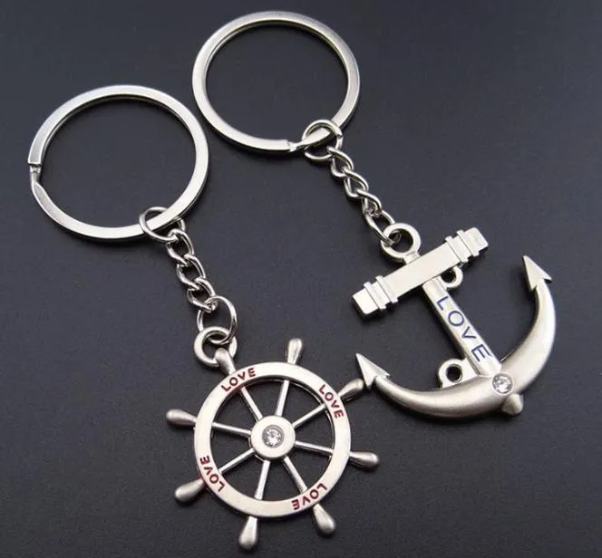 Anchor Rudder Keychains Favor Lovers Wedding Gifts Couples Keyrings with Crystal Top Quality Alloy Car Key Rings