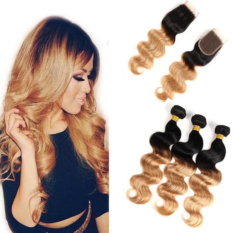 Färgad brasiliansk kroppsvåg Mänskligt hår 3 buntar med spetslås Två ton 1b / 27 # Ombre Honey Blonde Human Hair Weave med stängning