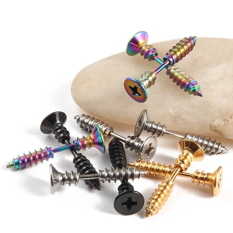 2-Pair Stainless Steel Cross Screw Stud Earrings - Unisex Mens Womens Pierced Jewelry